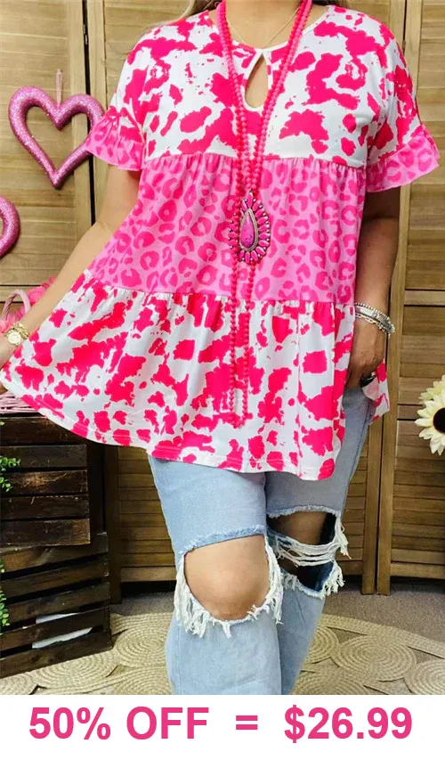 Pink Cow print & Leopard baby doll top