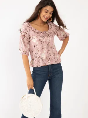 Pink Floral Print Ruffled Top