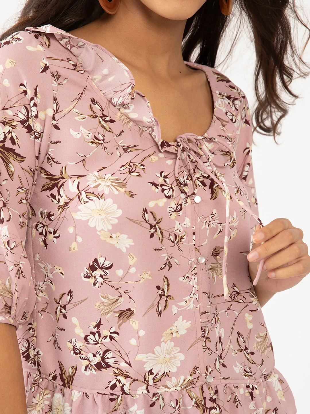 Pink Floral Print Ruffled Top