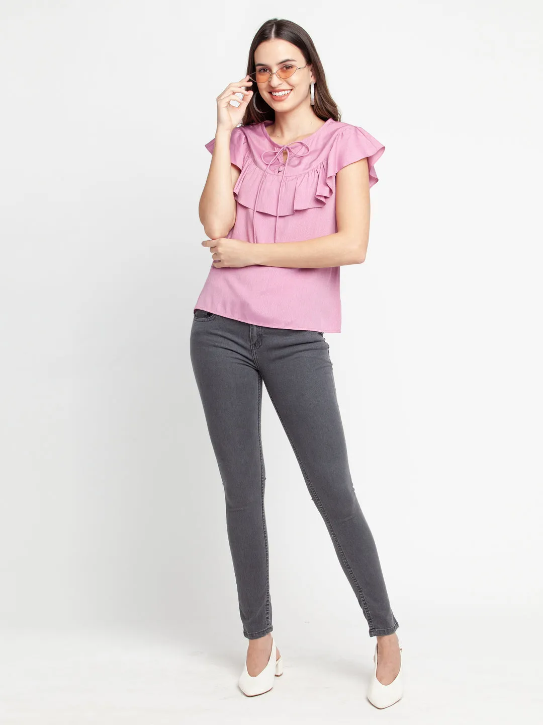 Pink Solid Ruffled Top