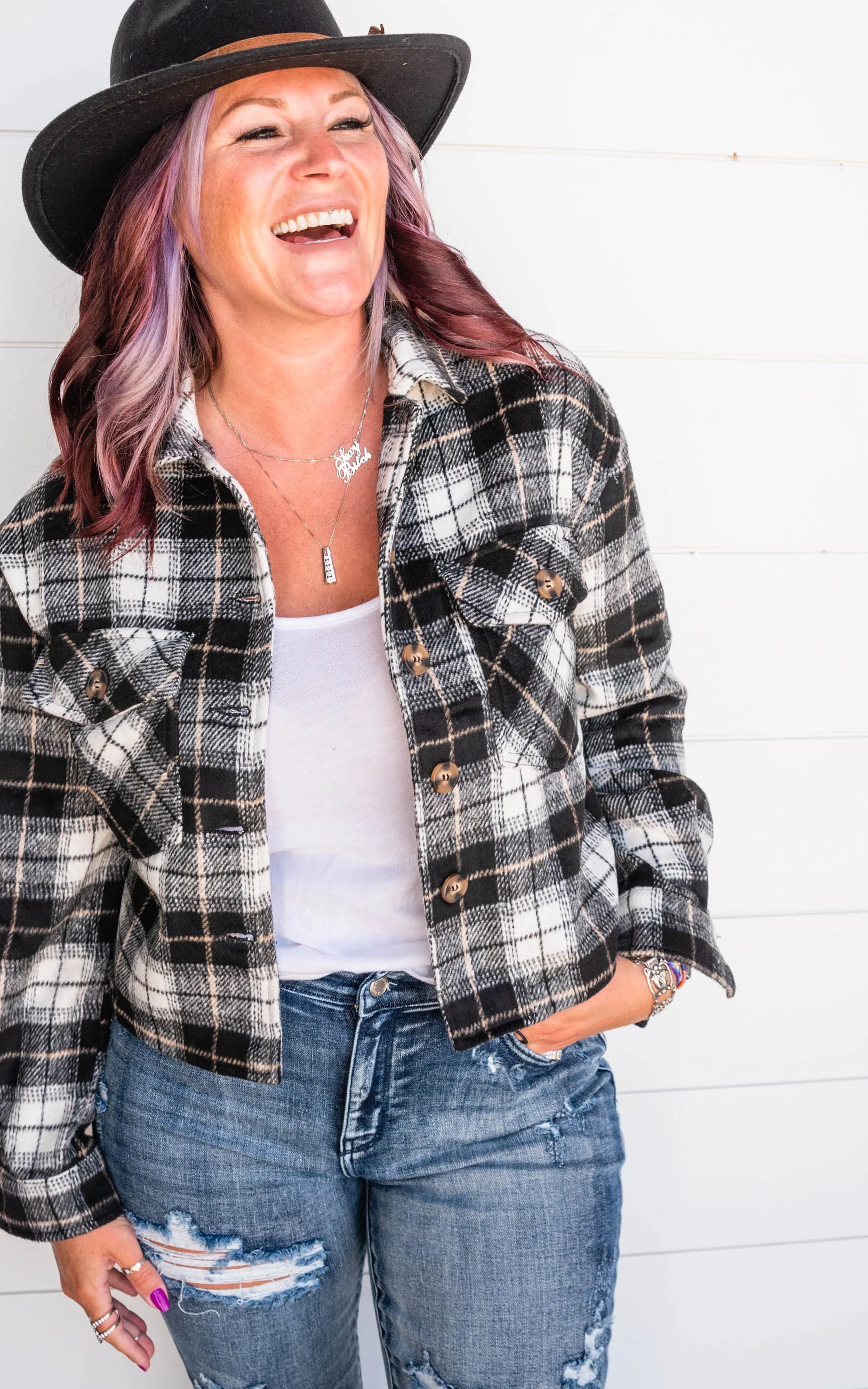 Plaid Button Down Cropped Shacket - Black - Final Sale