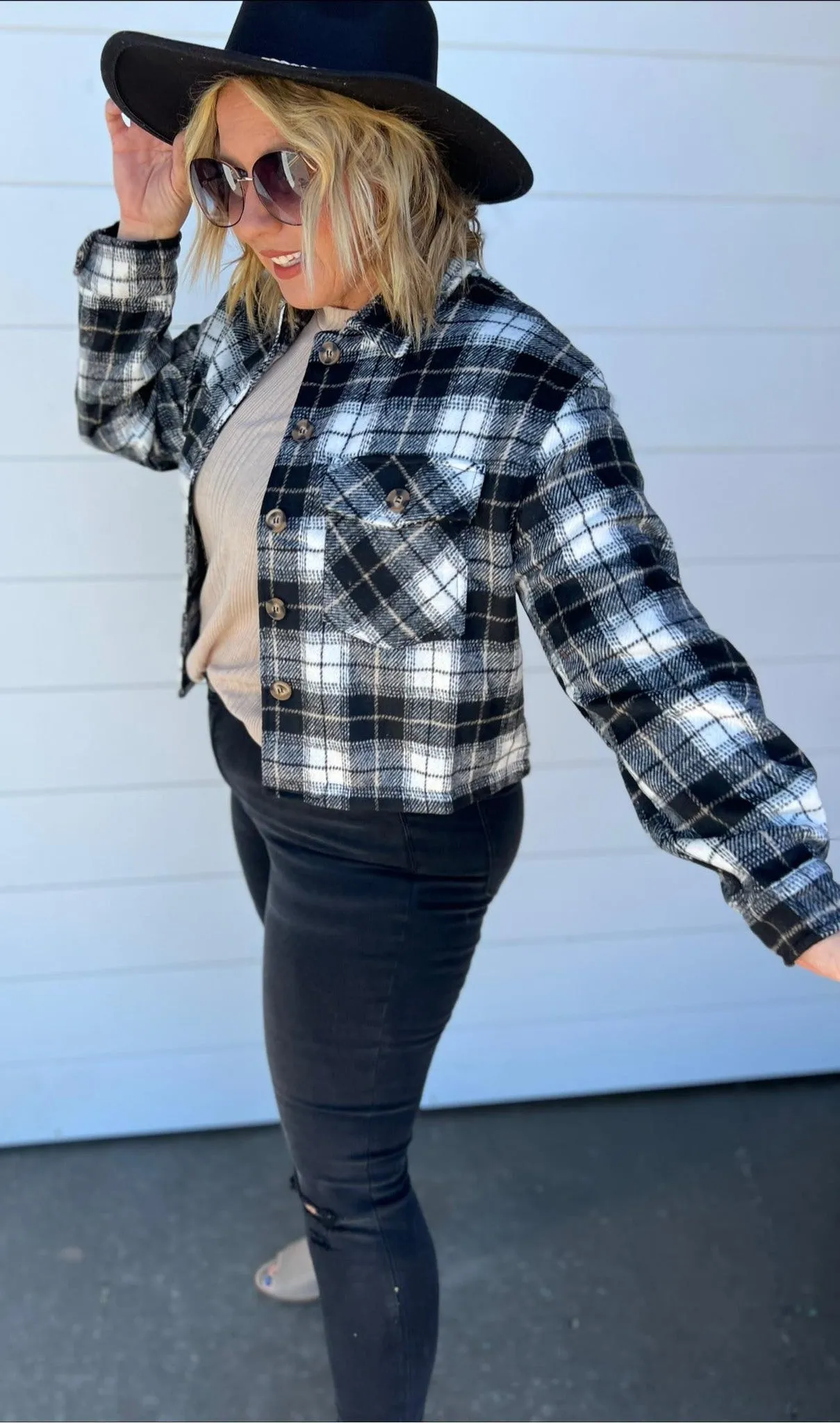 Plaid Button Down Cropped Shacket - Black - Final Sale