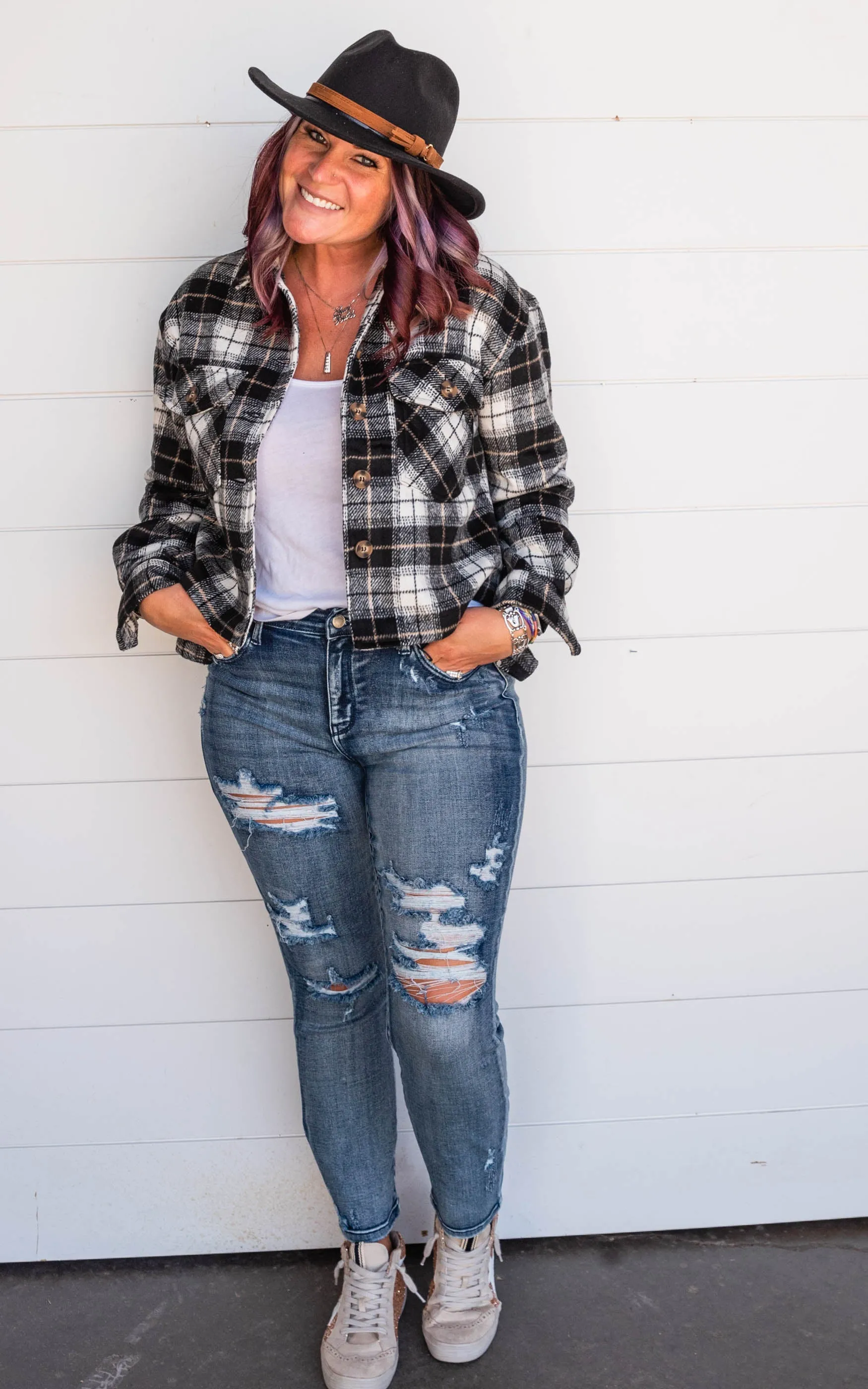 Plaid Button Down Cropped Shacket - Black - Final Sale