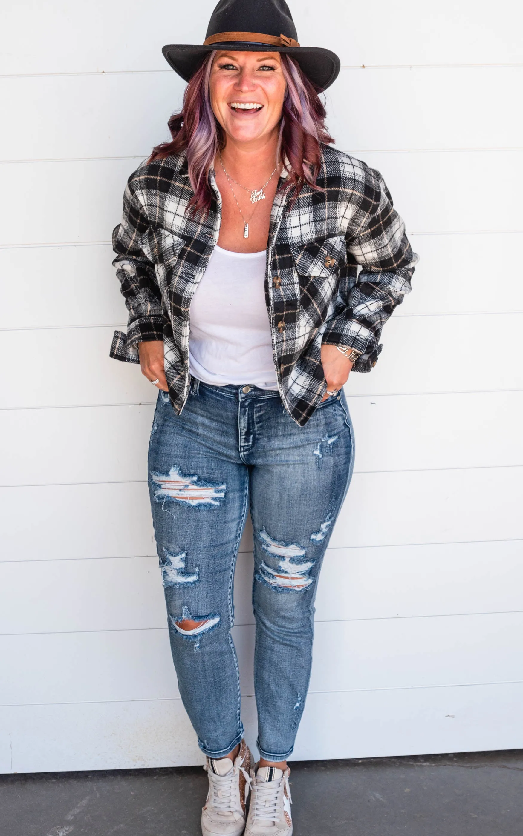 Plaid Button Down Cropped Shacket - Black - Final Sale