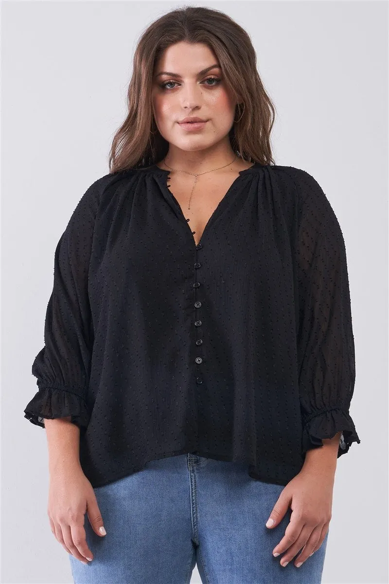 Plus Black Dotted Swiss V-neck Button Down Balloon Midi Sleeve With Elasticated Cuff Loose Fit Top