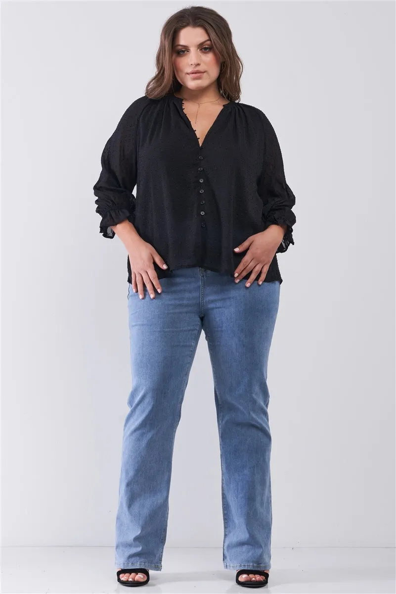 Plus Black Dotted Swiss V-neck Button Down Balloon Midi Sleeve With Elasticated Cuff Loose Fit Top