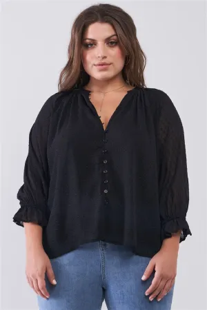 Plus Black Dotted Swiss V-neck Button Down Balloon Midi Sleeve With Elasticated Cuff Loose Fit Top
