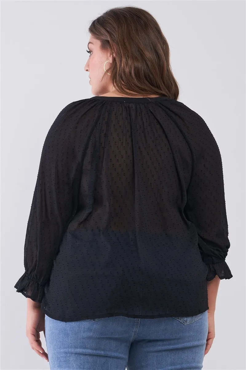 Plus Black Dotted Swiss V-neck Button Down Balloon Midi Sleeve With Elasticated Cuff Loose Fit Top