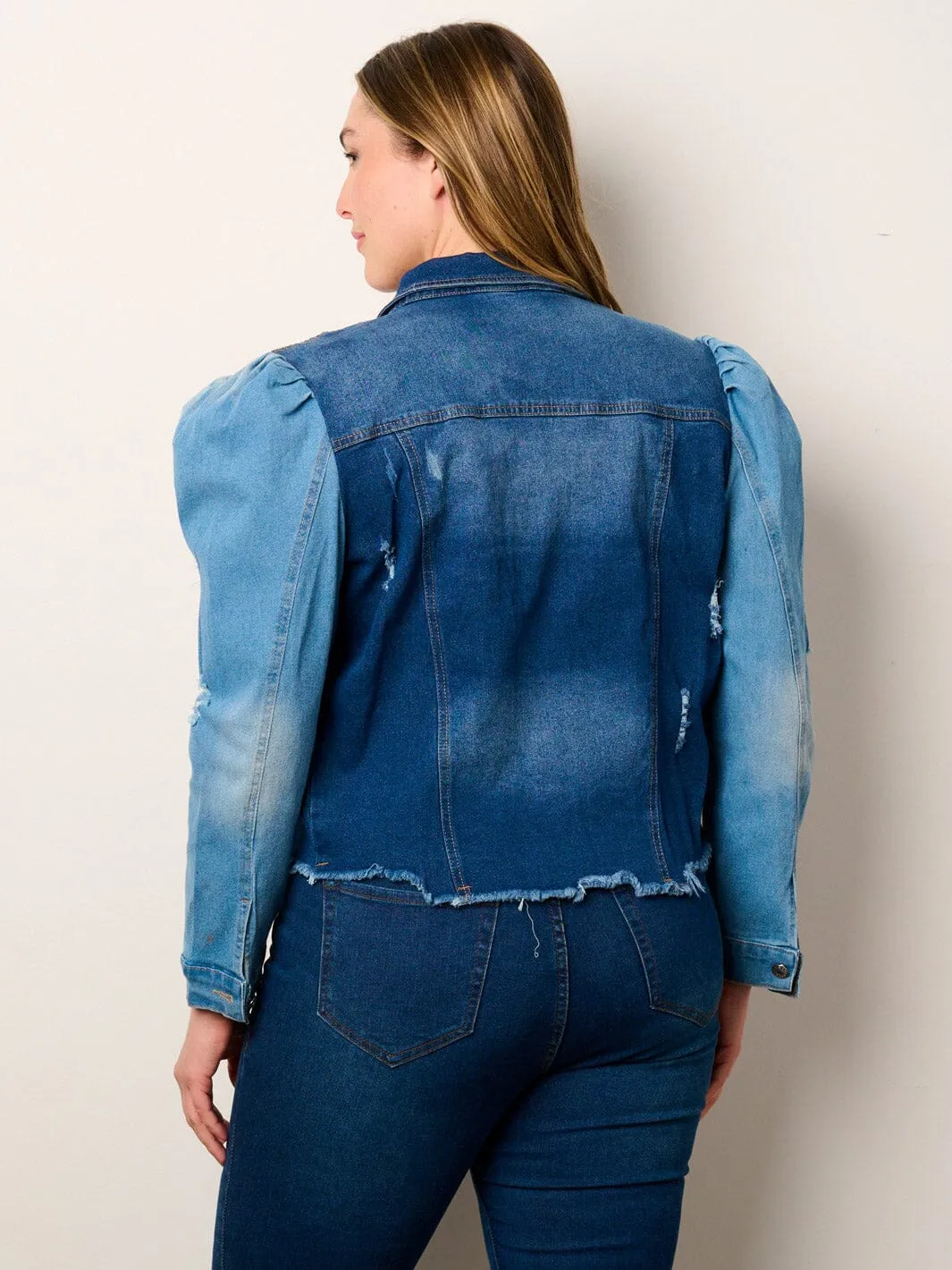 PLUS SIZE LONG PUFF SLEEVE BUTTON CLOSURE COLORBLOCK DENIM JACKET
