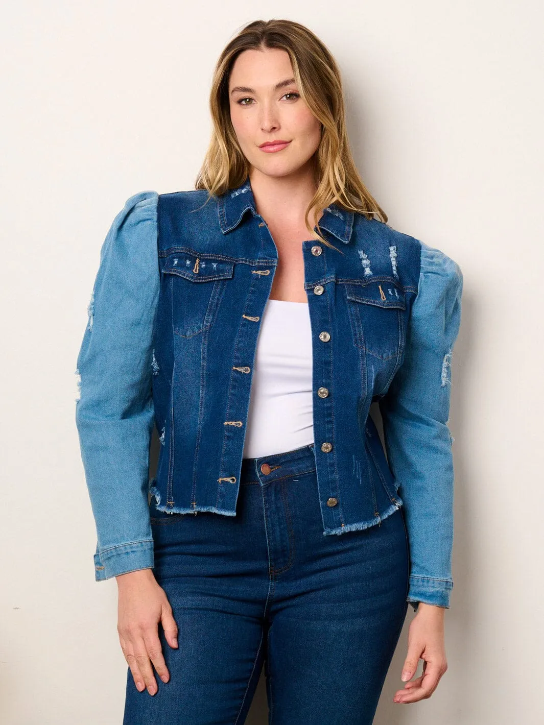 PLUS SIZE LONG PUFF SLEEVE BUTTON CLOSURE COLORBLOCK DENIM JACKET