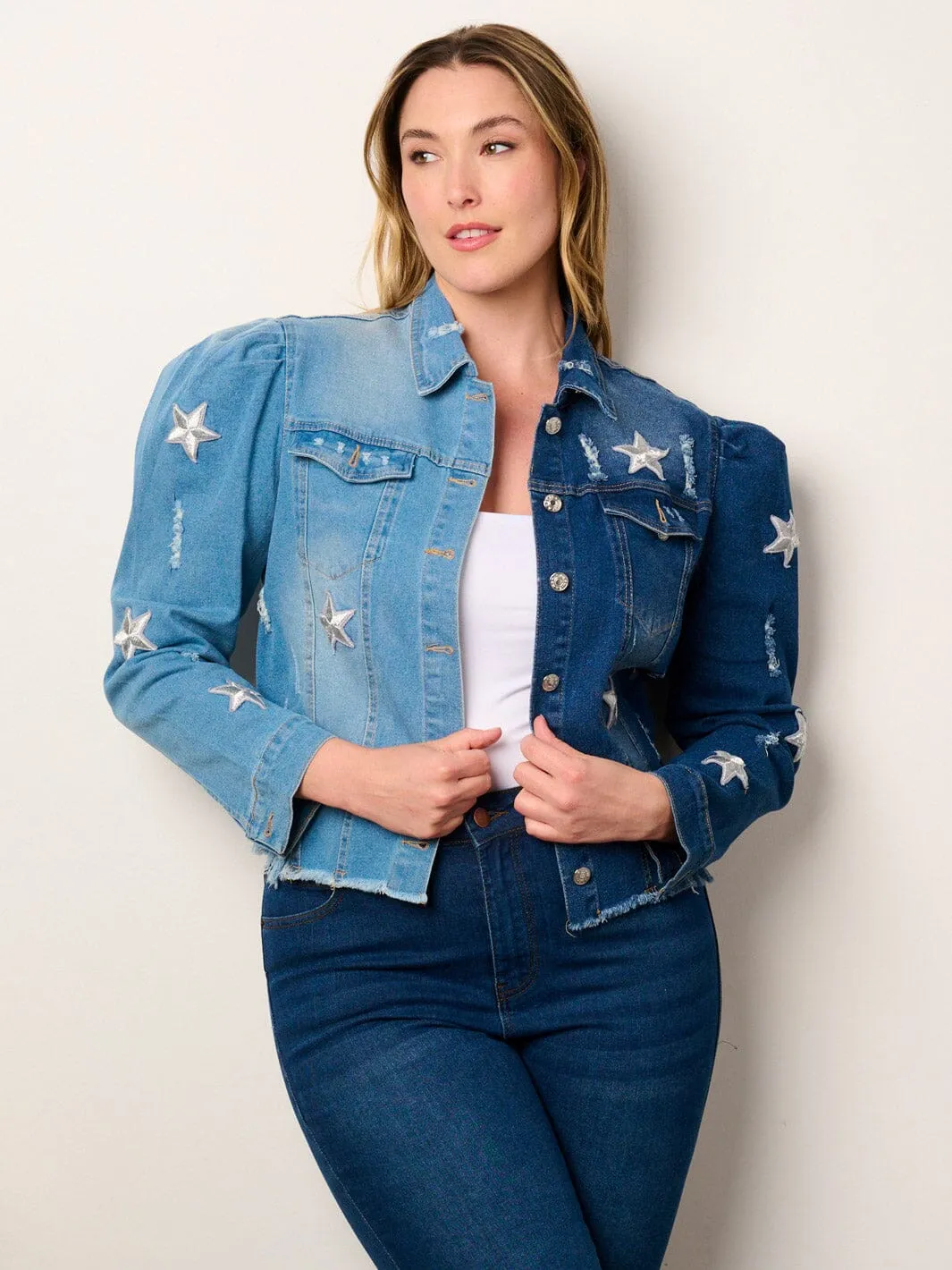 PLUS SIZE LONG PUFF SLEEVE STARS EMBROIDERY COLORBLOCK DENIM JACKET