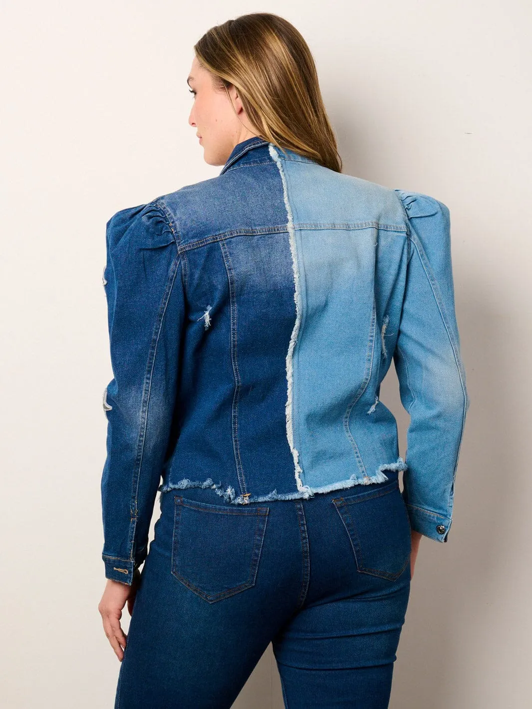 PLUS SIZE LONG PUFF SLEEVE STARS EMBROIDERY COLORBLOCK DENIM JACKET