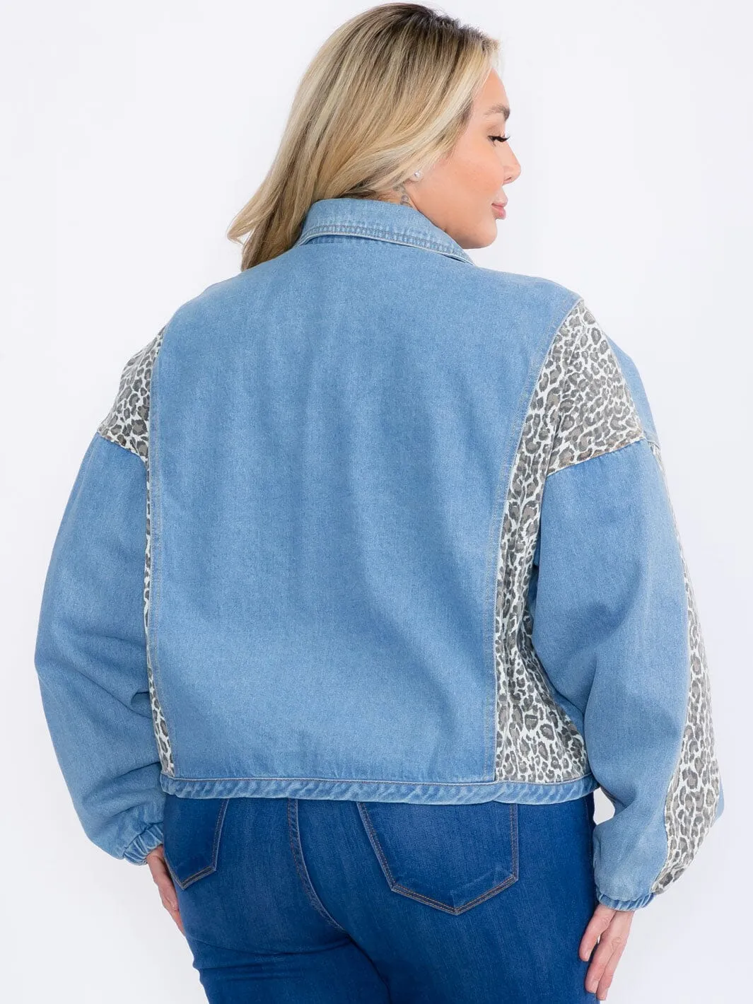 PLUS SIZE LONG SLEEVE BUTTON CLOSURE ANIMAL PRINT DENIM JACKET