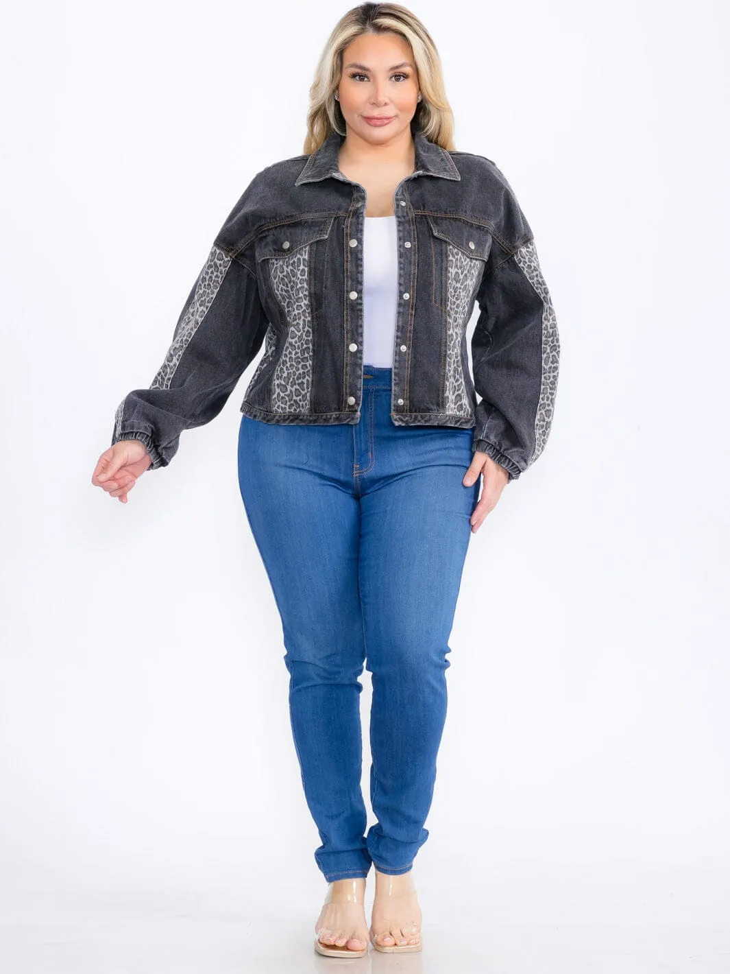 PLUS SIZE LONG SLEEVE BUTTON CLOSURE ANIMAL PRINT DENIM JACKET