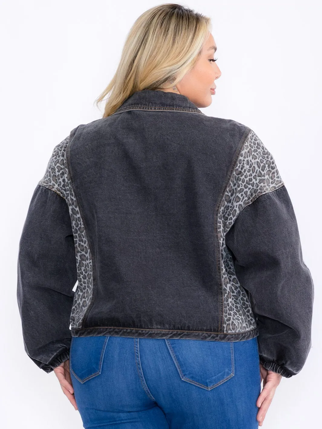 PLUS SIZE LONG SLEEVE BUTTON CLOSURE ANIMAL PRINT DENIM JACKET