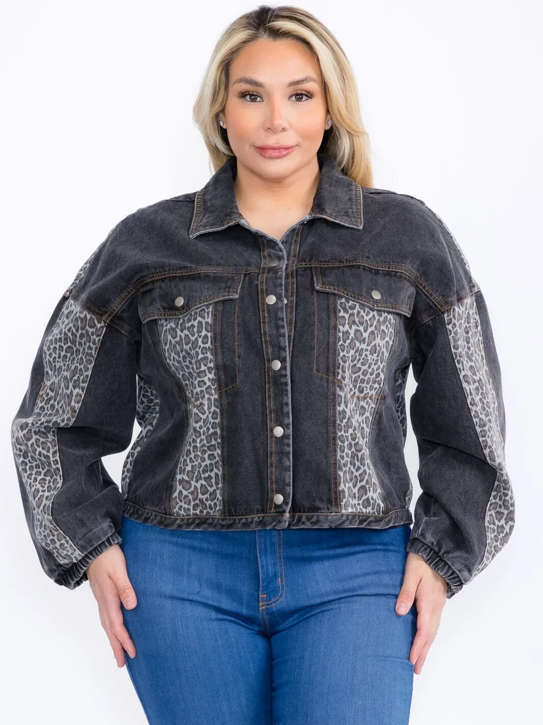PLUS SIZE LONG SLEEVE BUTTON CLOSURE ANIMAL PRINT DENIM JACKET