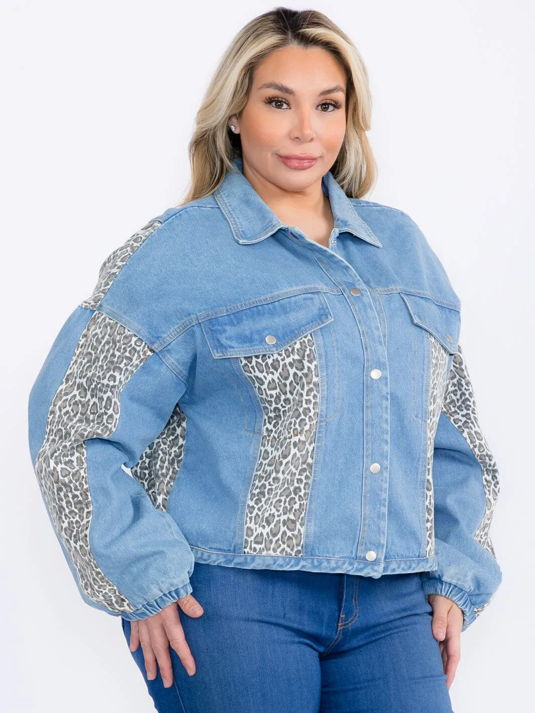 PLUS SIZE LONG SLEEVE BUTTON CLOSURE ANIMAL PRINT DENIM JACKET