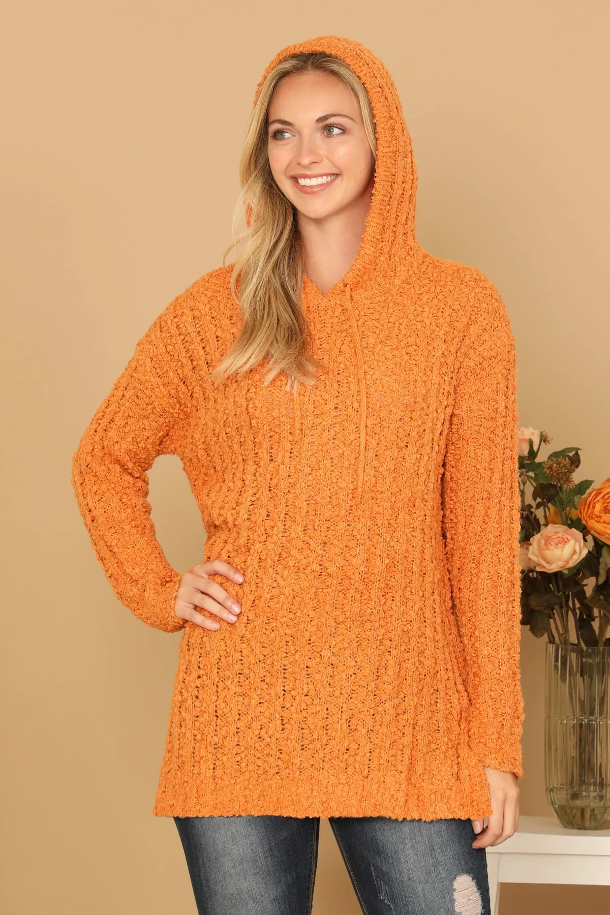 PLUS SIZE RIBBED POPCORN KNIT TUNIC HOODIE SWEATER