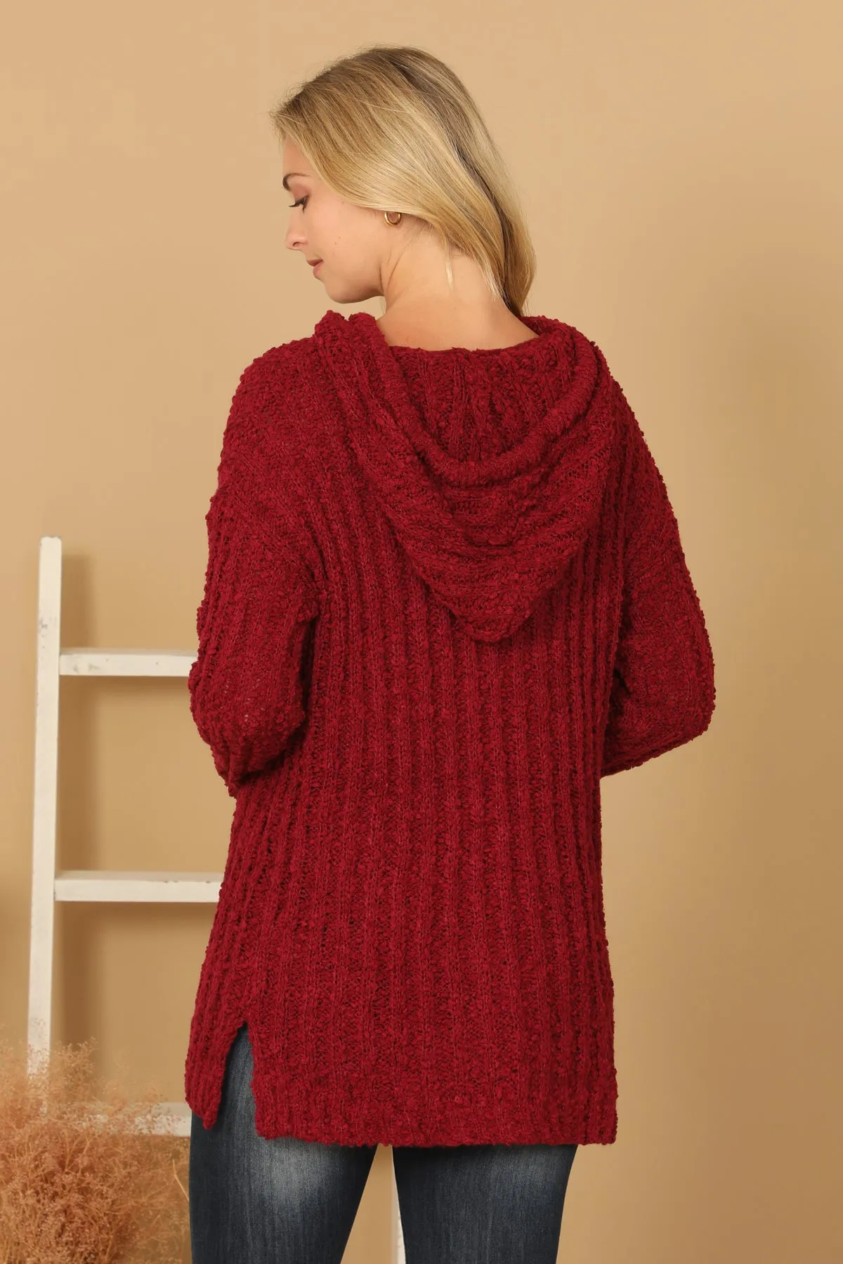 PLUS SIZE RIBBED POPCORN KNIT TUNIC HOODIE SWEATER