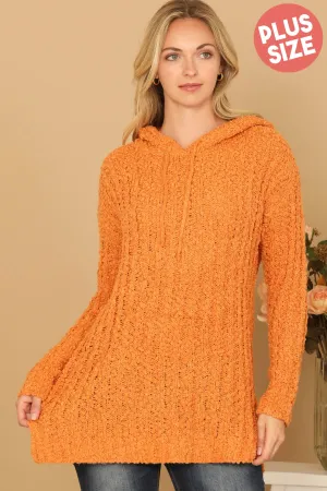PLUS SIZE RIBBED POPCORN KNIT TUNIC HOODIE SWEATER