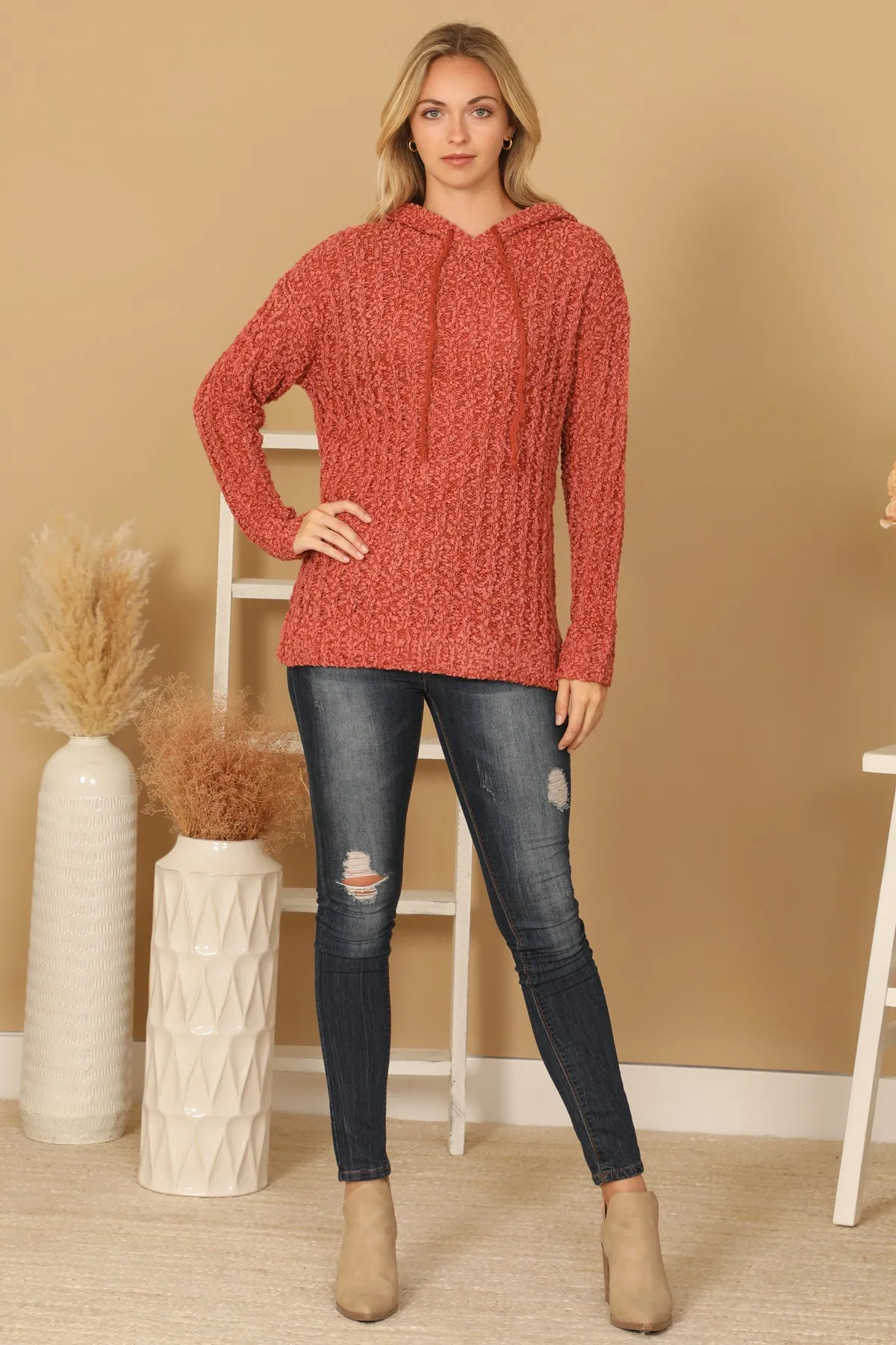 PLUS SIZE RIBBED POPCORN KNIT TUNIC HOODIE SWEATER