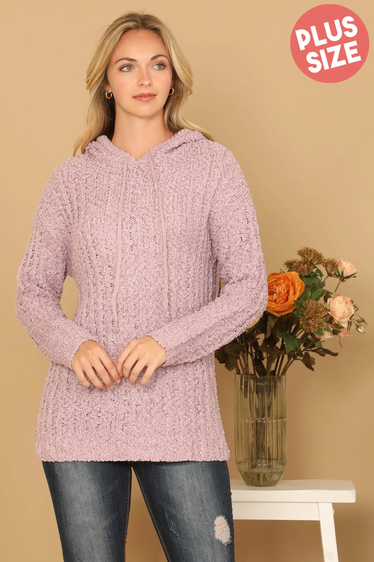 PLUS SIZE RIBBED POPCORN KNIT TUNIC HOODIE SWEATER