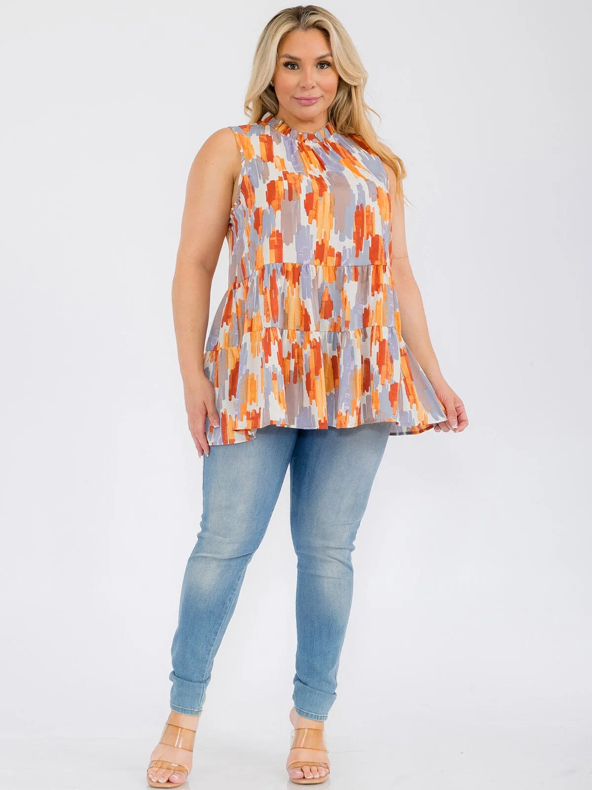 PLUS SIZE SLEEVELESS HALTER NECK MULTI PRINT TANK TOP