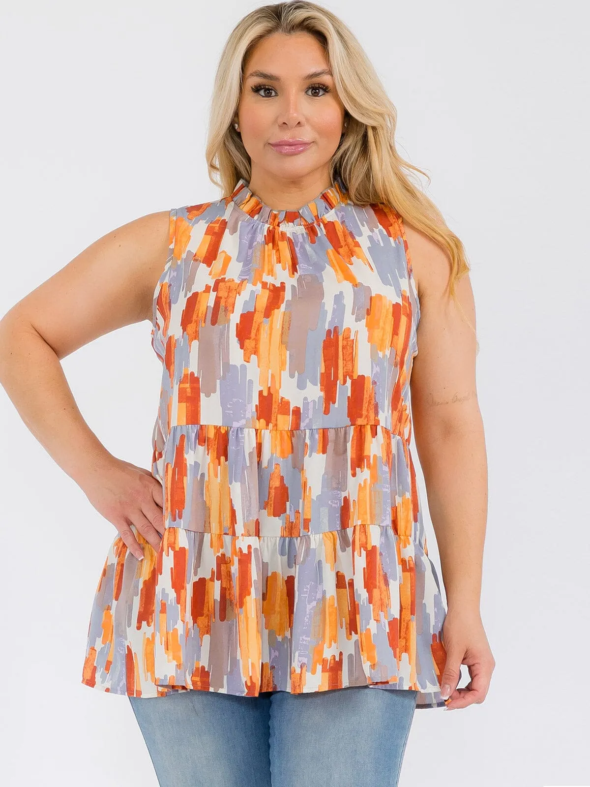 PLUS SIZE SLEEVELESS HALTER NECK MULTI PRINT TANK TOP