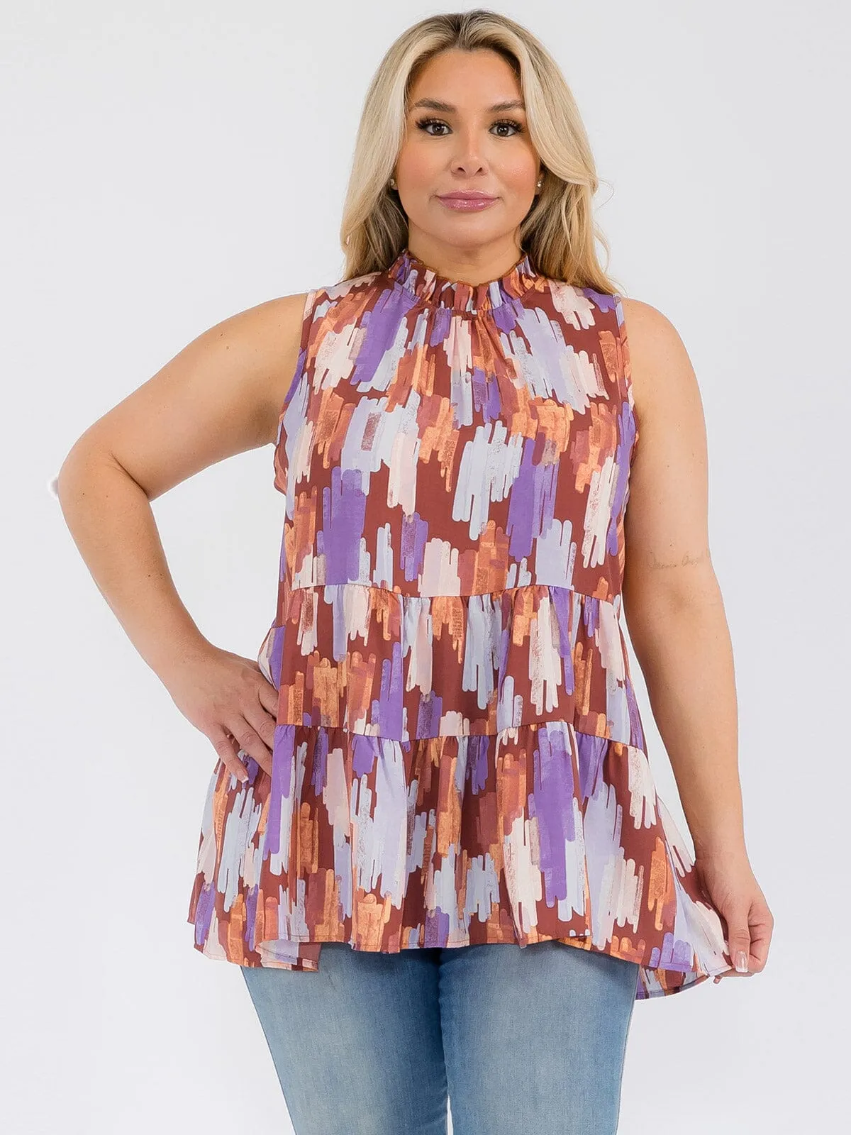 PLUS SIZE SLEEVELESS HALTER NECK MULTI PRINT TANK TOP