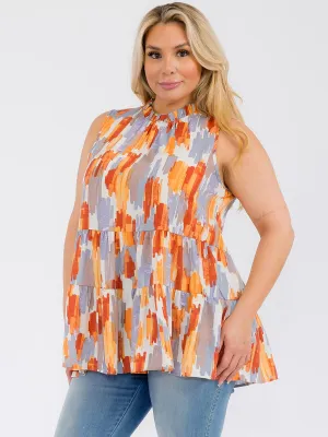 PLUS SIZE SLEEVELESS HALTER NECK MULTI PRINT TANK TOP