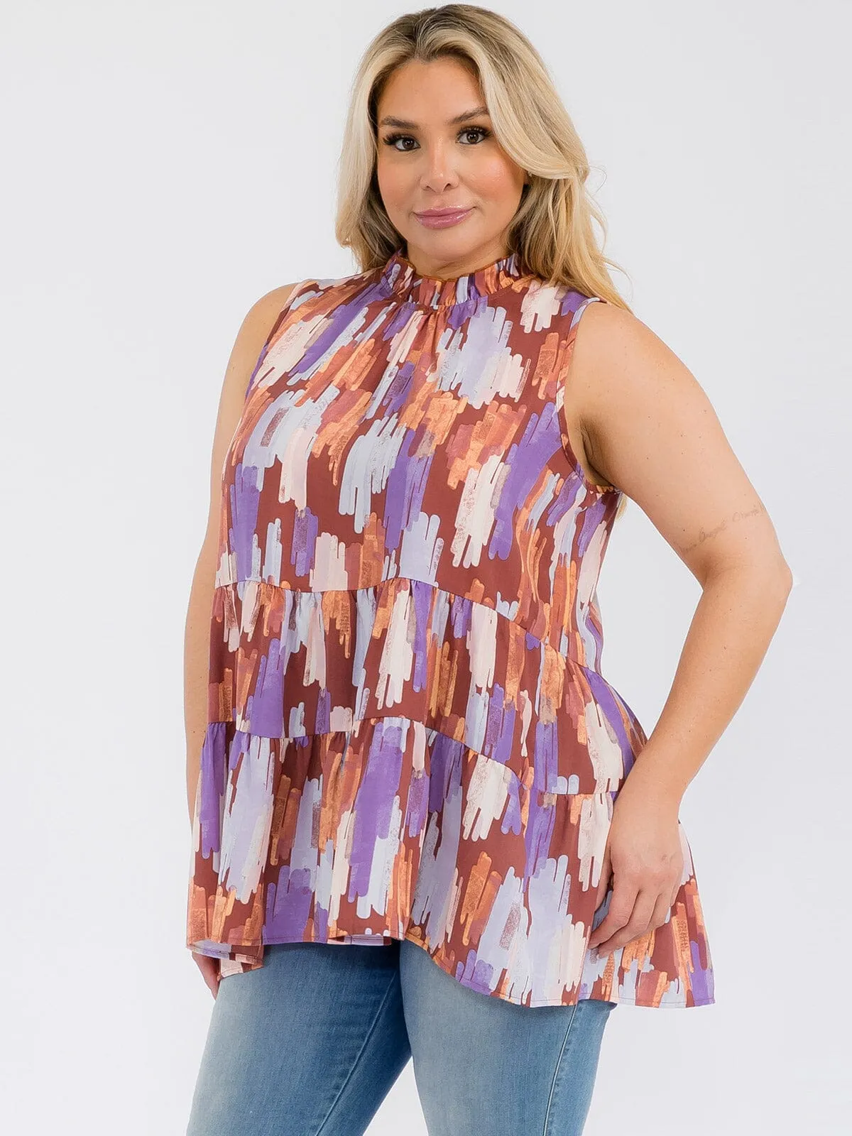 PLUS SIZE SLEEVELESS HALTER NECK MULTI PRINT TANK TOP
