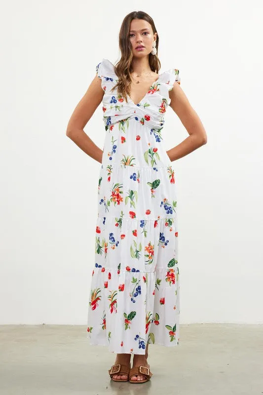 Printed Poplin V Neck Shirred Maxi Dress