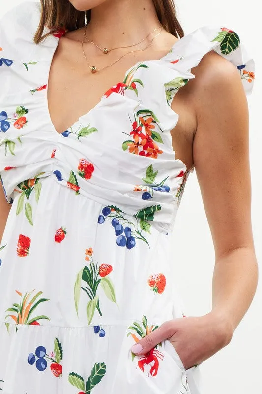Printed Poplin V Neck Shirred Maxi Dress