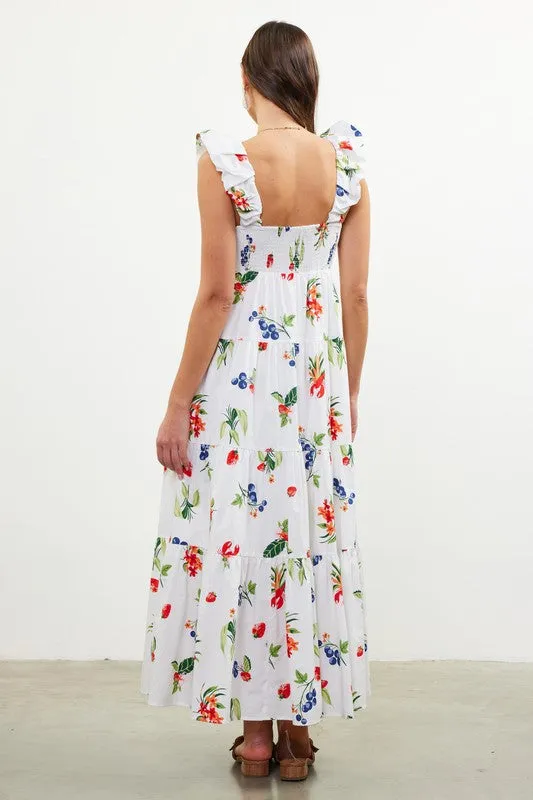 Printed Poplin V Neck Shirred Maxi Dress
