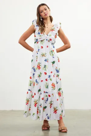 Printed Poplin V Neck Shirred Maxi Dress