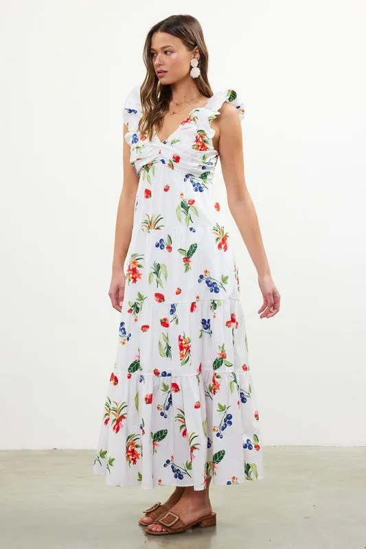 Printed Poplin V Neck Shirred Maxi Dress