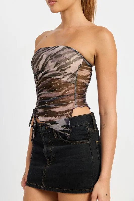 PRINTED RUCHED STRAPLESS TOP