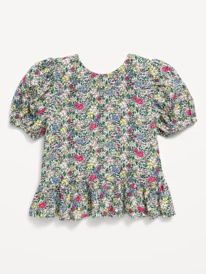 Printed Short-Sleeve Crepe Ruffle-Hem Top for Toddler Girls
