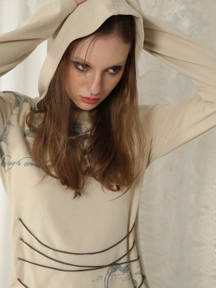 printed tie hooded top