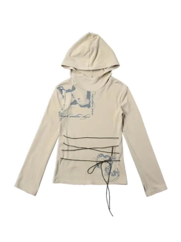 printed tie hooded top