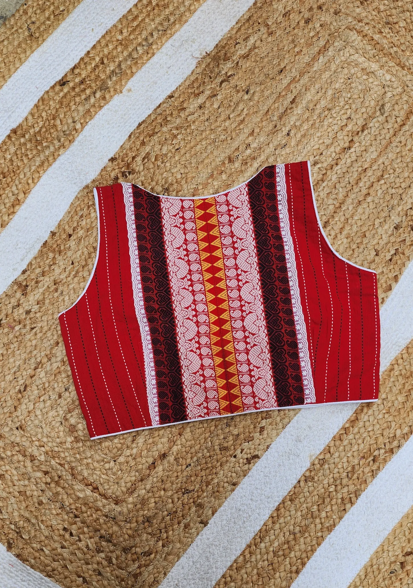 Red Kantha Cotton Sleeveless Blouse
