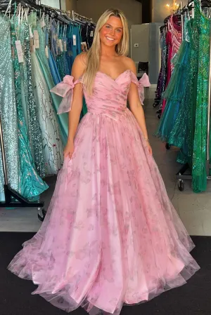 Roycebridal Pink Print Off-the-Shoulder A-Line Long Prom Dress