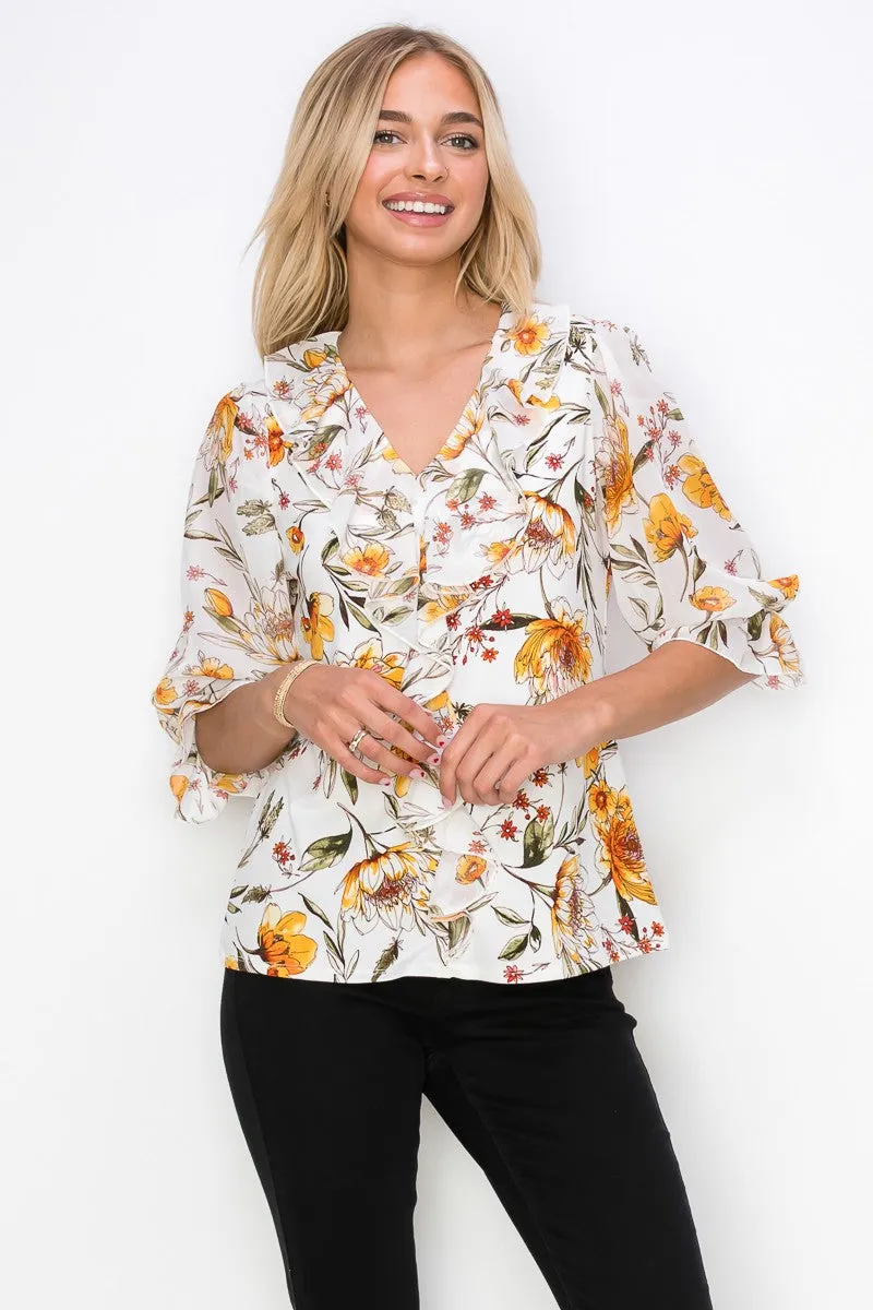 Ruffle Front V Neck Mix Media 3 4 Sleeve Blouse