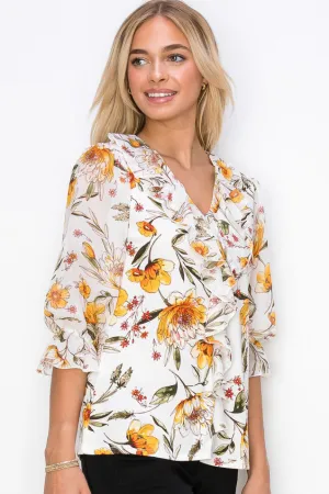 Ruffle Front V Neck Mix Media 3 4 Sleeve Blouse