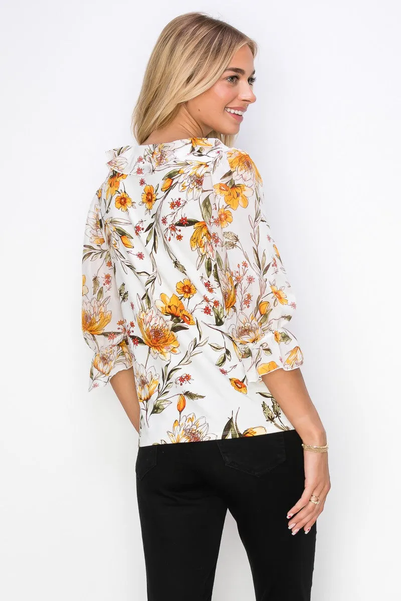 Ruffle Front V Neck Mix Media 3 4 Sleeve Blouse