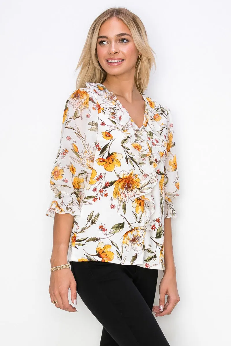 Ruffle Front V Neck Mix Media 3 4 Sleeve Blouse