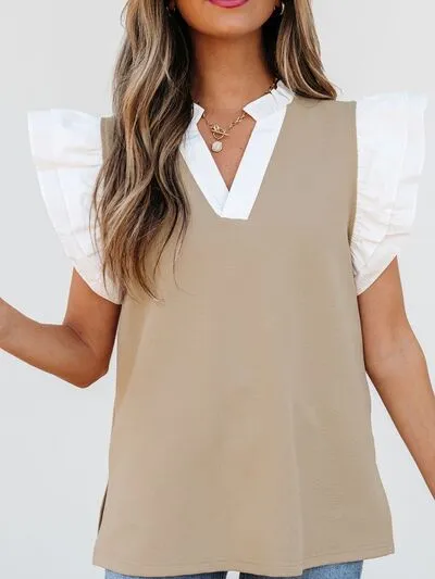Ruffled Notched Cap Sleeve Top