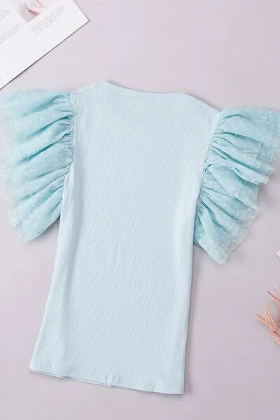 Ruffled Round Neck Cap Sleeve Top