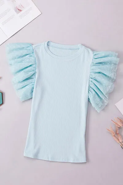Ruffled Round Neck Cap Sleeve Top
