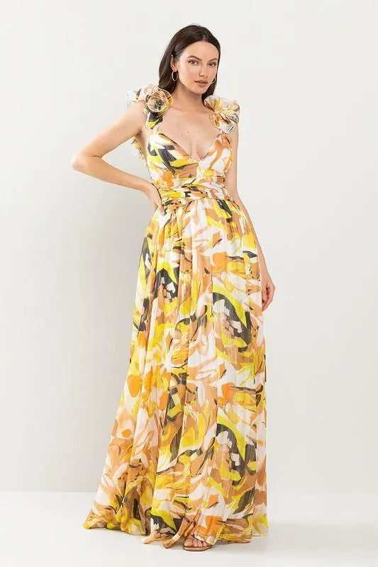 RUFFLED SHOULDER MAXI DRESS OPEN BACK